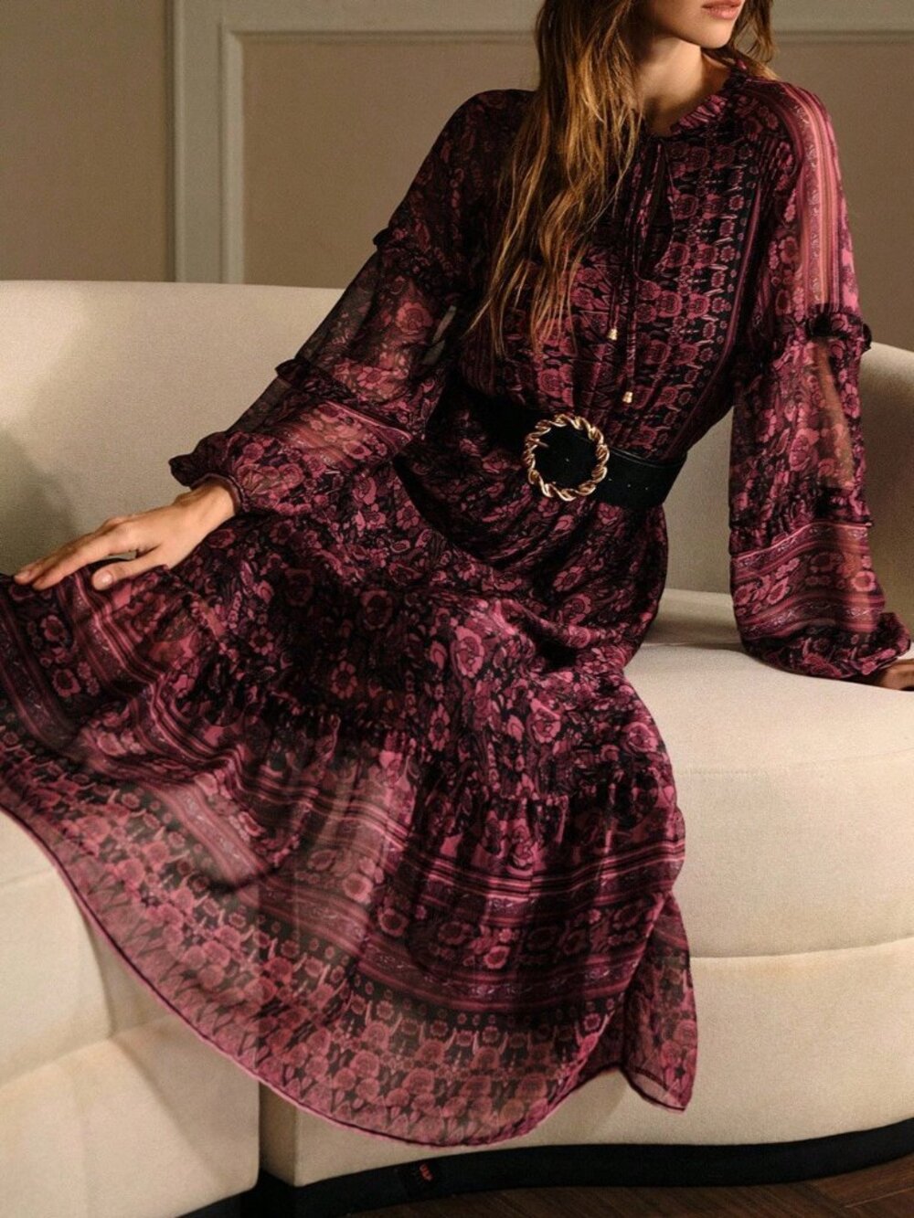 Burgundy Elegant Women's Chiffon A-Line Dress